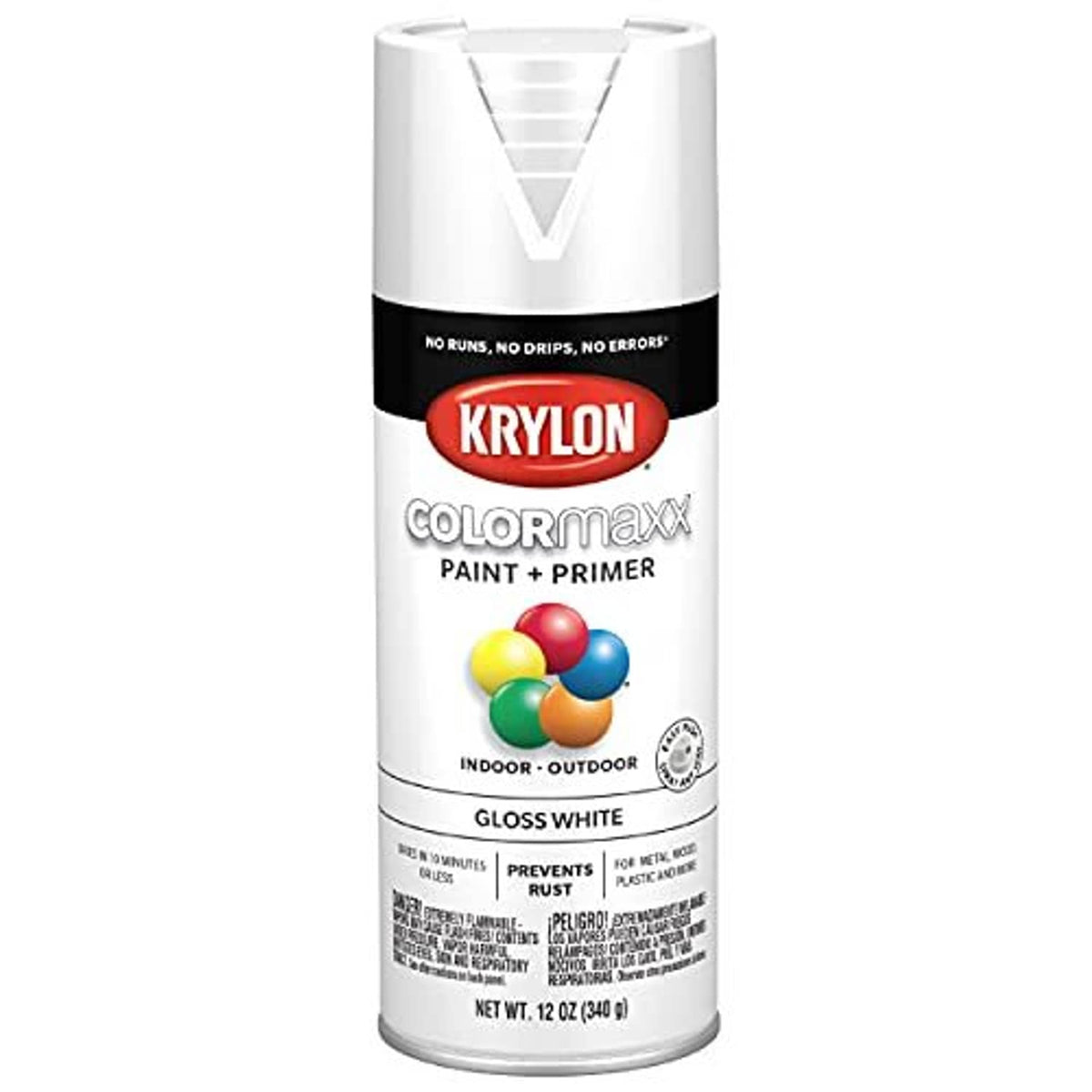 Gloss white spray paint + primer can with KRYLON ColorMaxx label