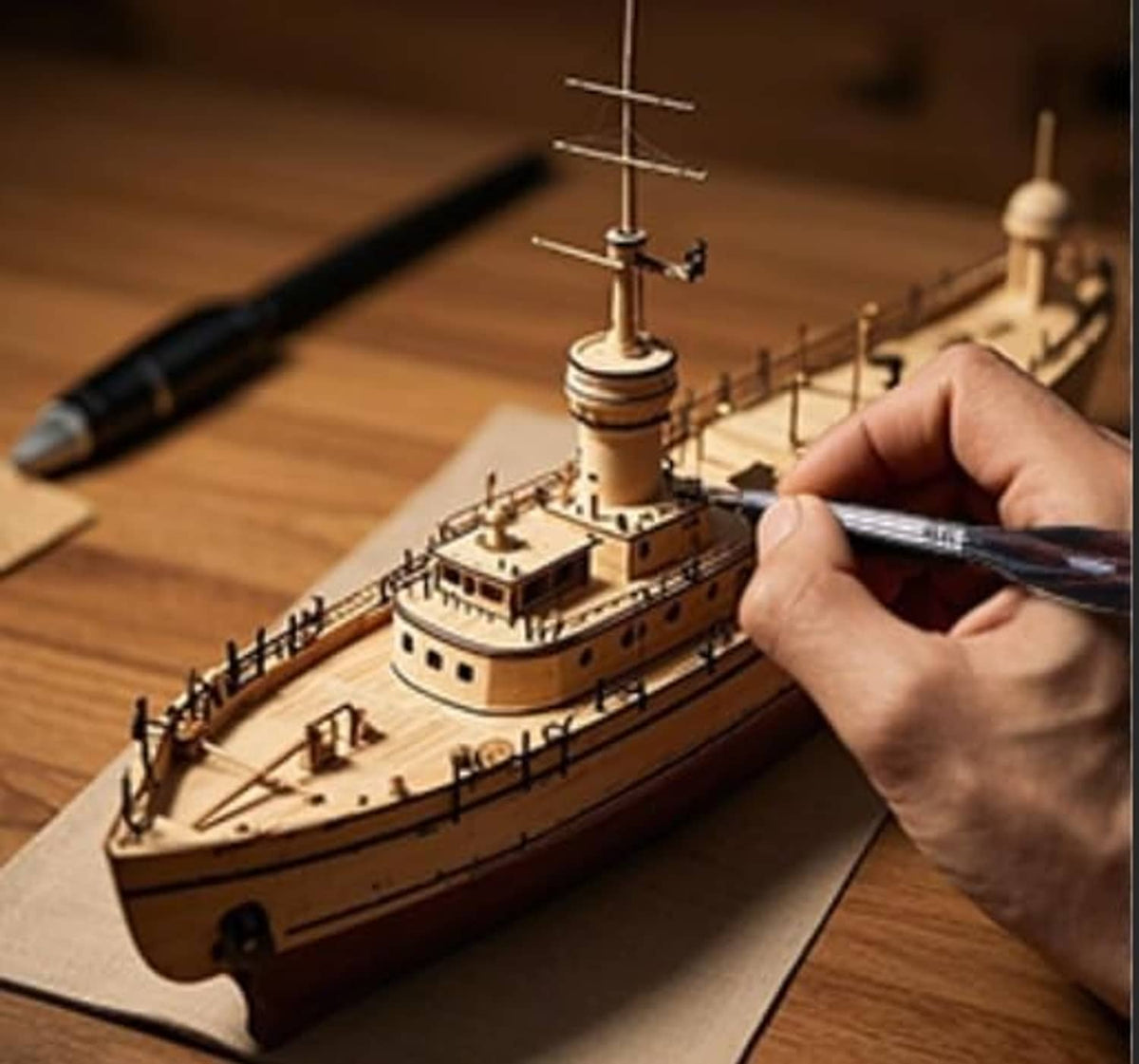Artist paint brush in use on a small model ship on tabletop