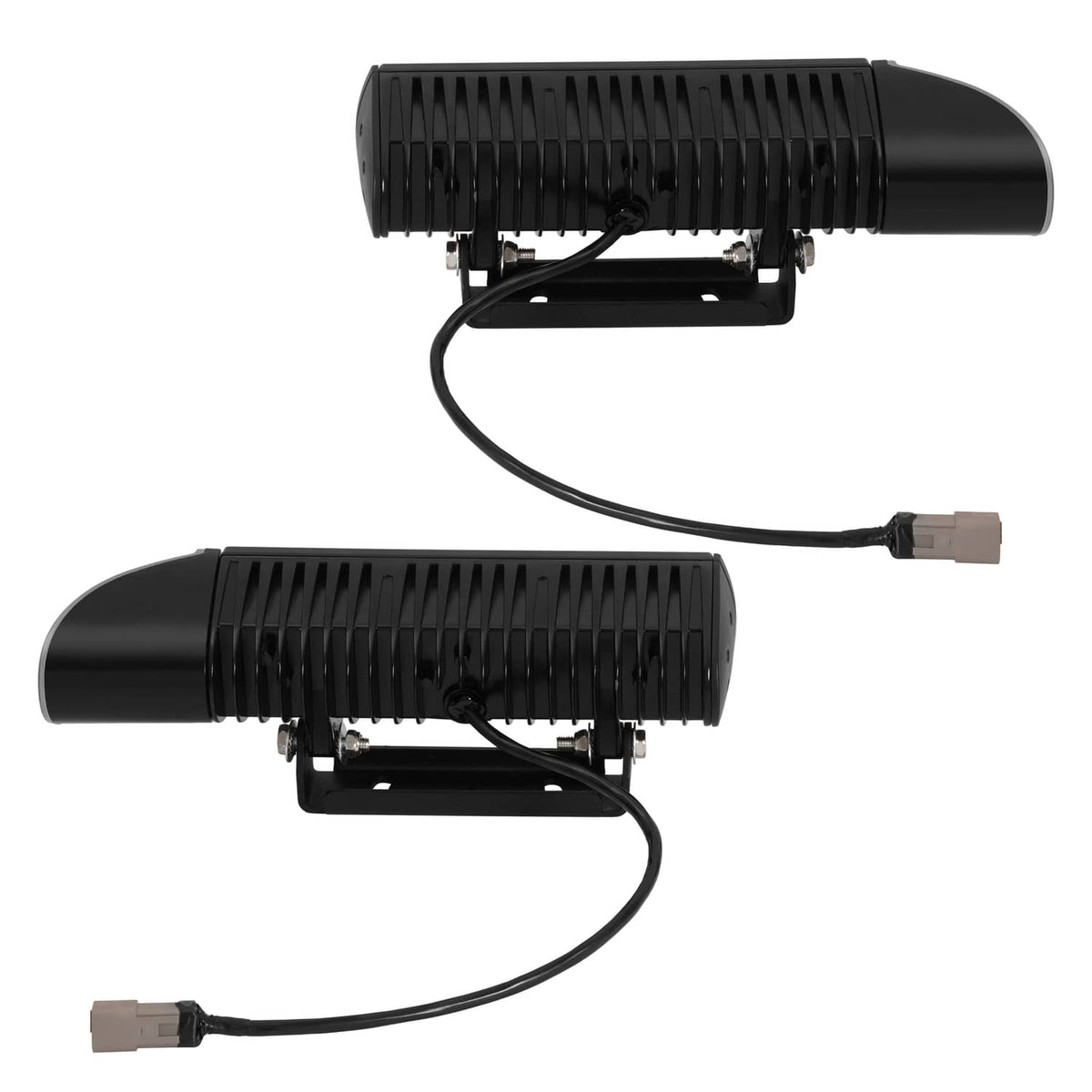 Two heated LED light bars with black housings and connected wiring harness plugs