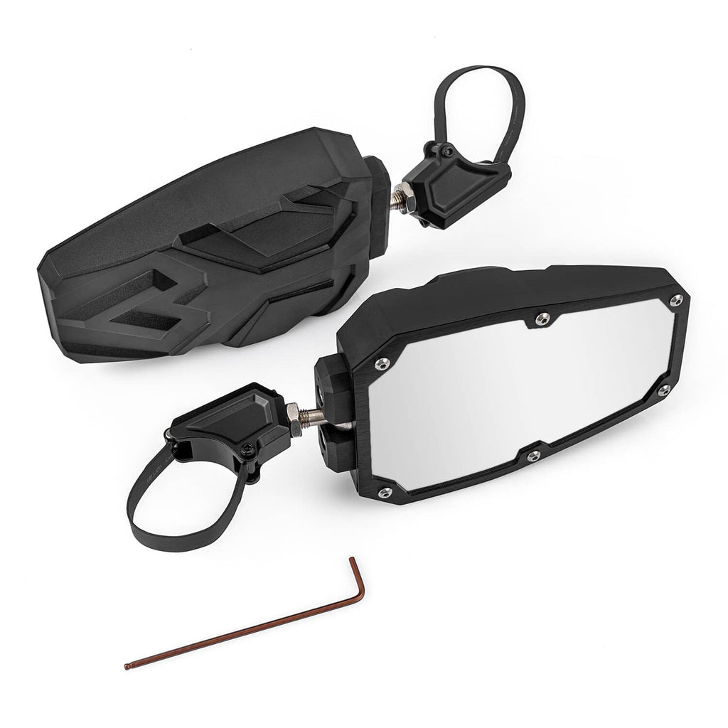 UTV side view mirrors with rectangular glass frames, black housings, loop strap