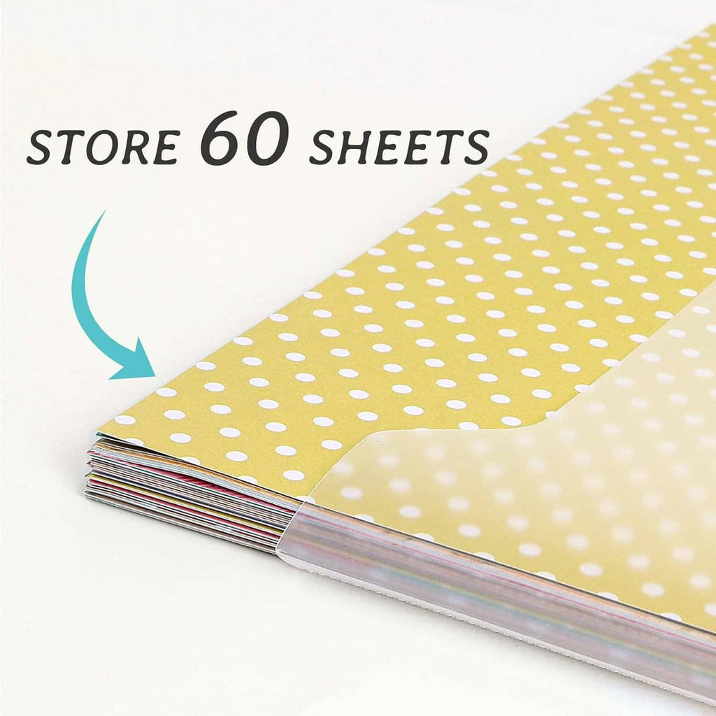 Stack of 12x12 scrapbook paper sheets, yellow with white polka dots