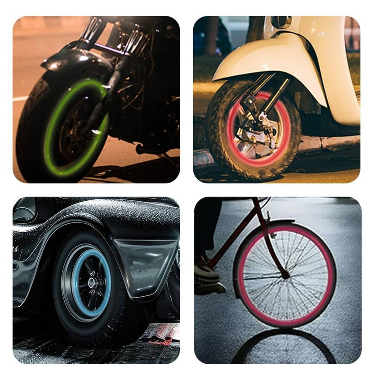 Glowing tire valve caps on wheels, light green and red/blue accent colors