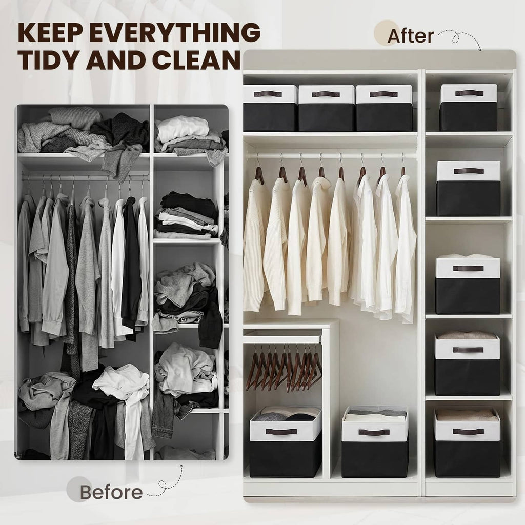 Wardrobe closet organizer showing rectangular white-and-black bins with gray handles