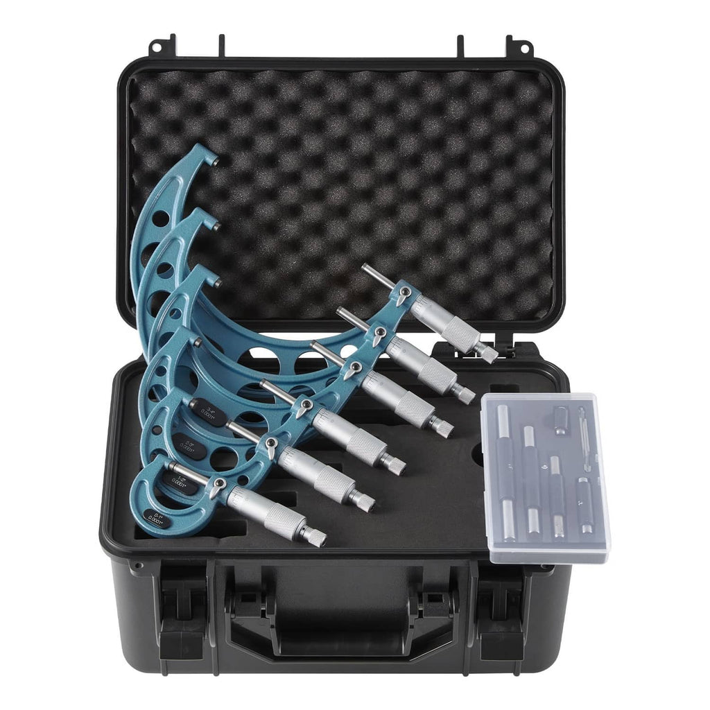 Uimoso micrometer set in open black case with six blue outside micrometers