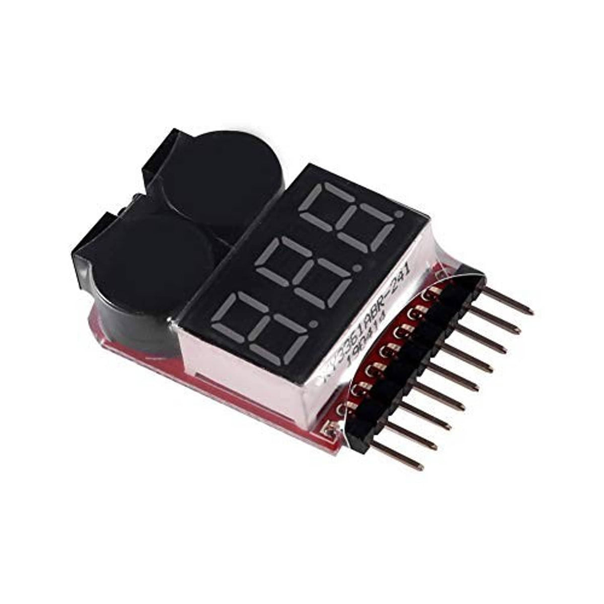 Lipo battery voltage tester angled view with dual round pads, LED display, and pins