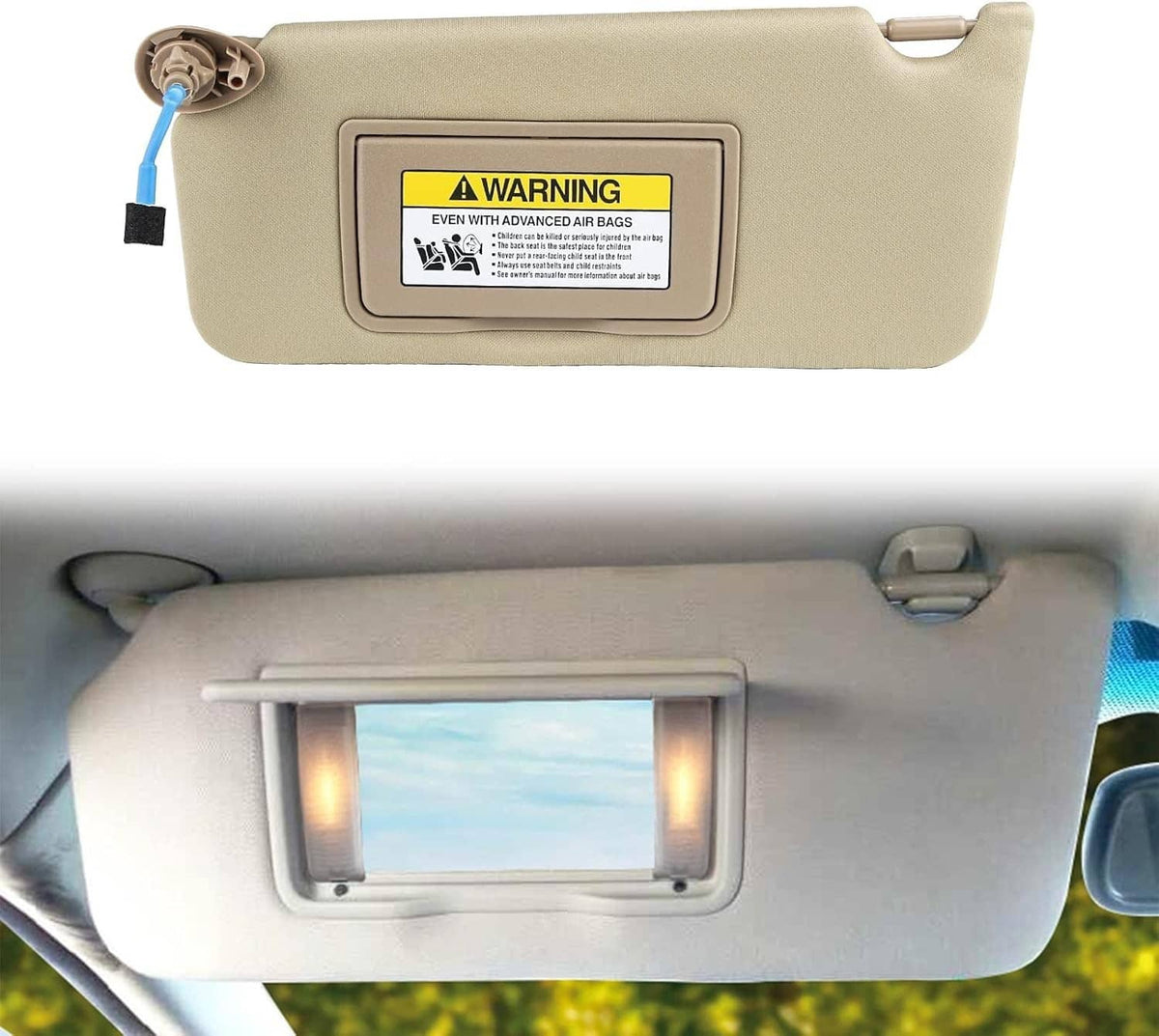 Beige left driver-side sun visor with warning label and light panel view