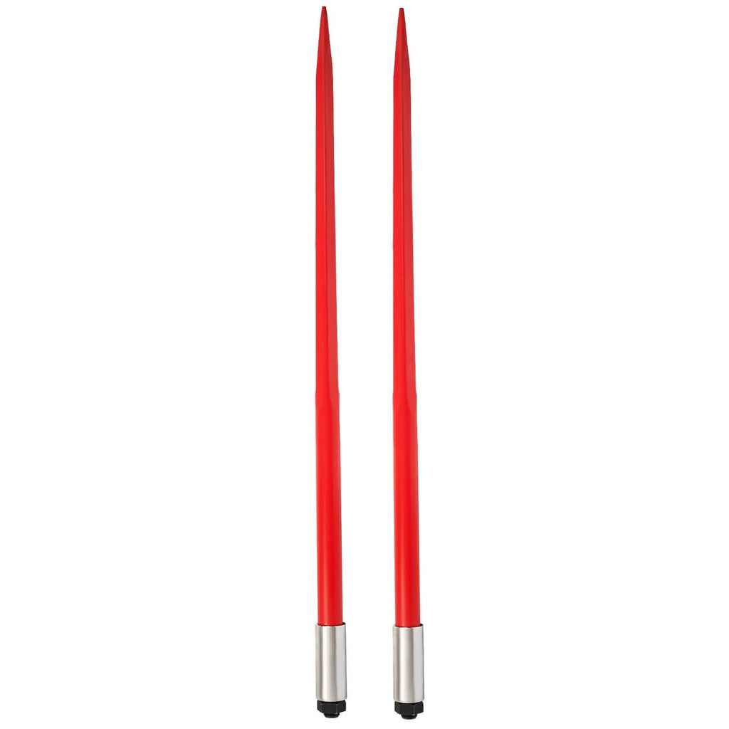 Two upright red hay bale spear prongs with gray metal bases and pointed tips