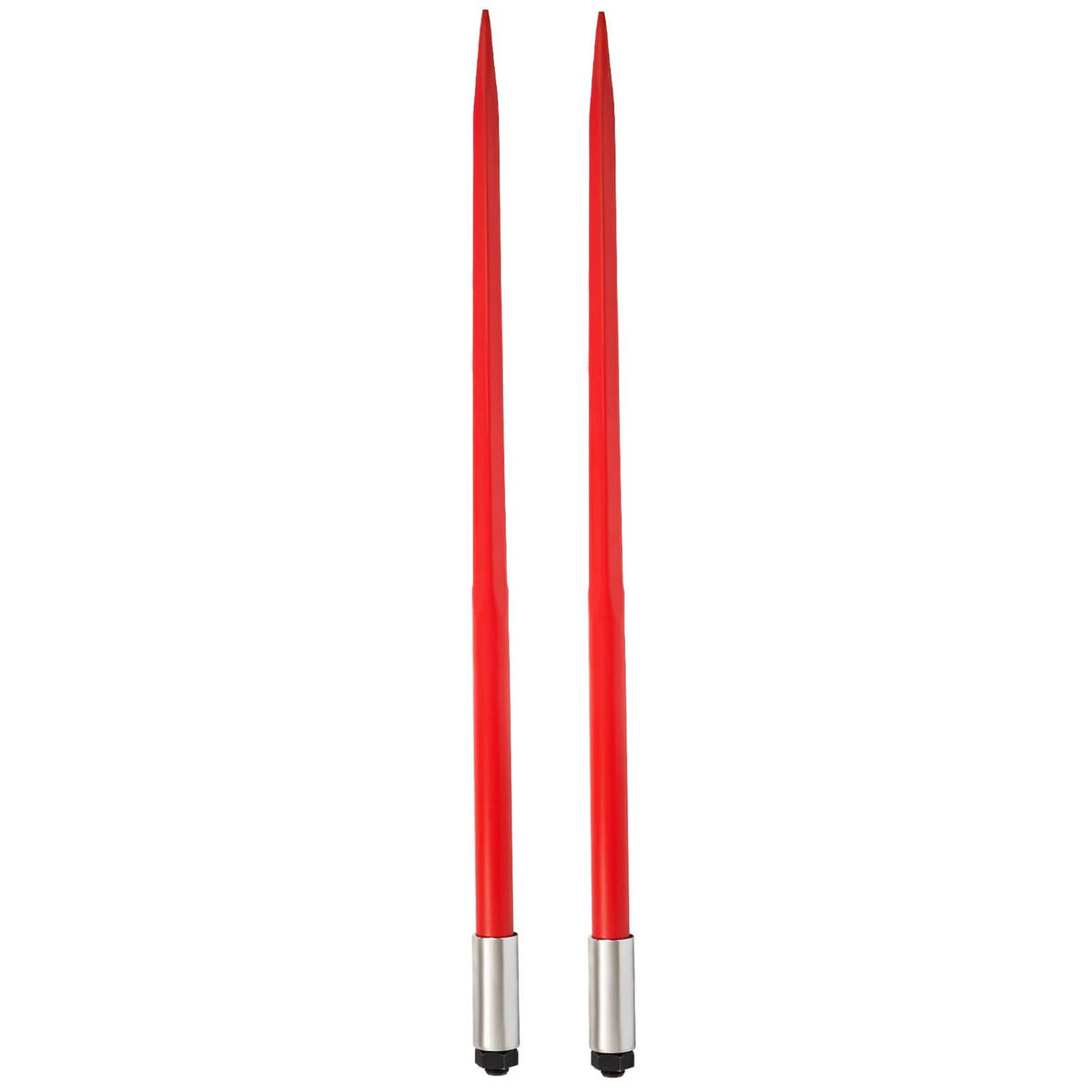 Two upright red hay bale spear prongs with gray metal bases and pointed tips
