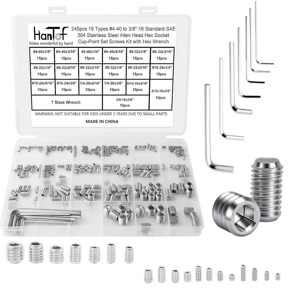 Stainless steel SAE hex set screw assortment kit with organizer tray and Allen wrenches