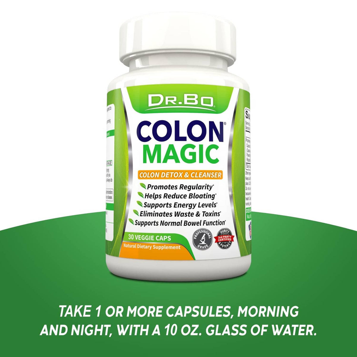 Dr.BO Colon Magic supplement bottle with front label and 30 veggie caps