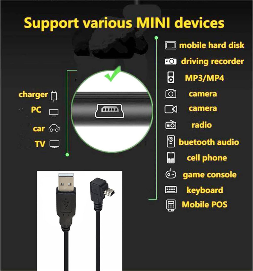 Black USB extension cable with mini USB-B male plug and USB-A male connector