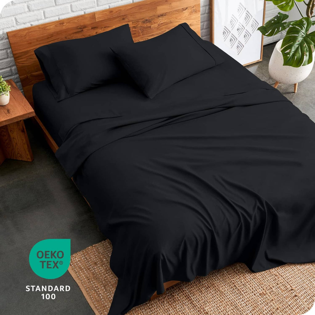 Black split king bed sheet set with two pillowcases and fitted bottom sheet