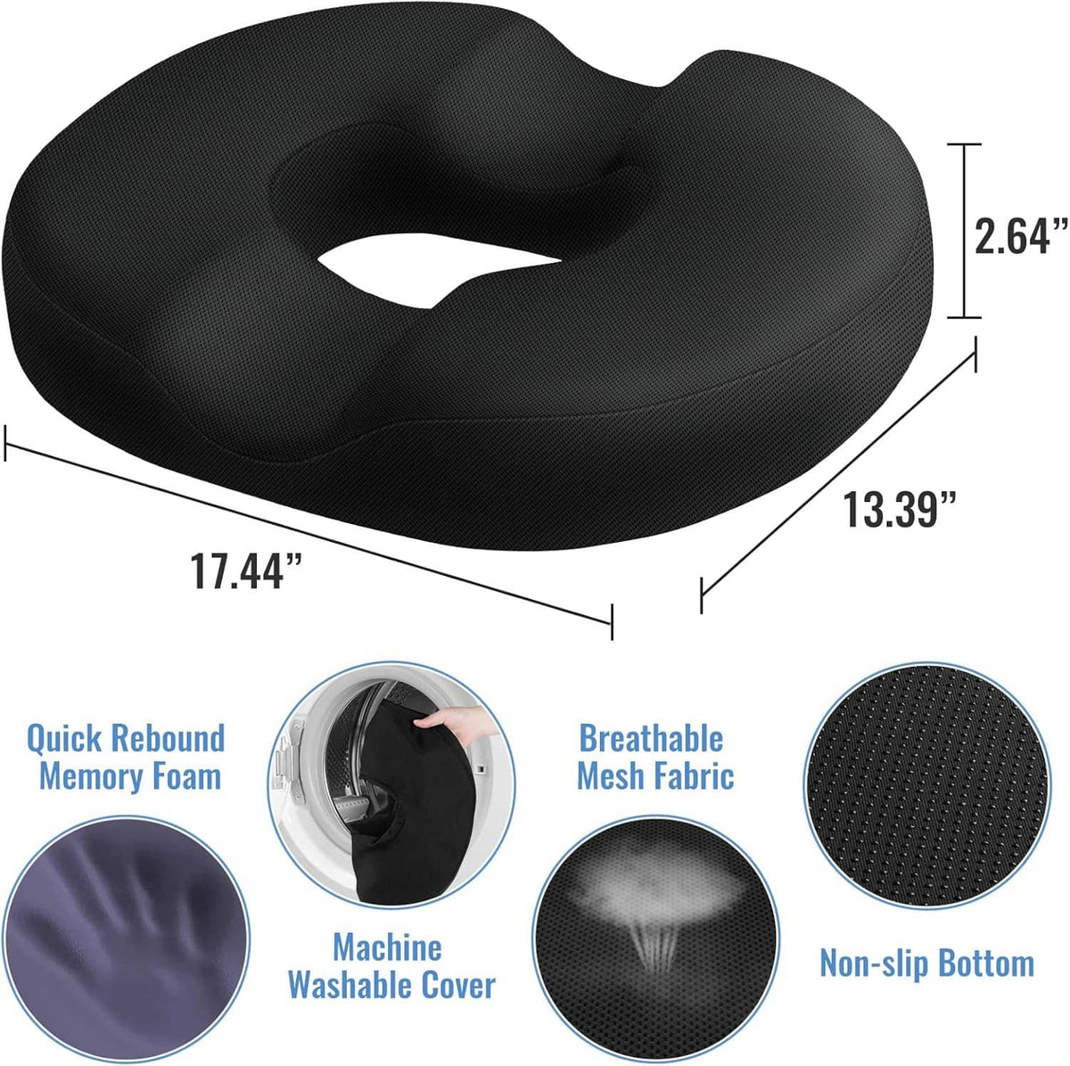 Black donut seat cushion with center hole; shows size, breathable mesh fabric, non-slip base