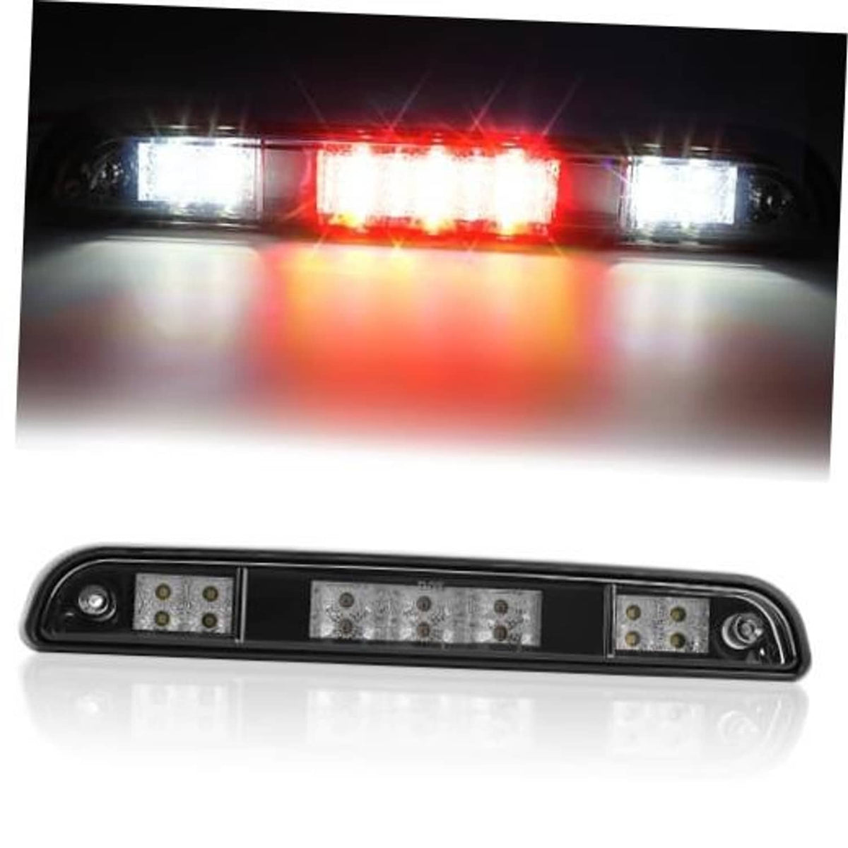 Third brake light bar with red LED illumination, clear lens and black housing.