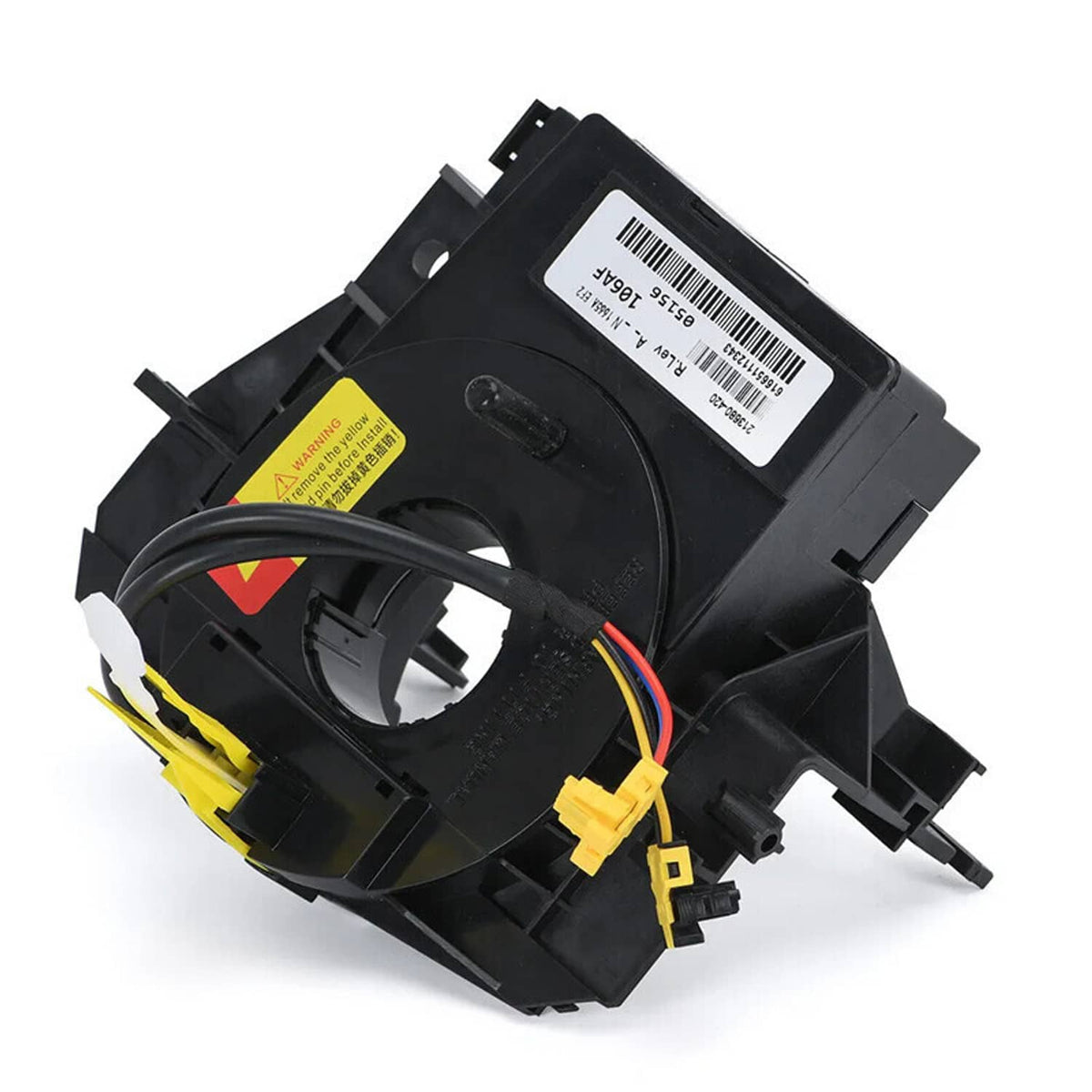 Black clock spring with barcode label and yellow wire connector housings