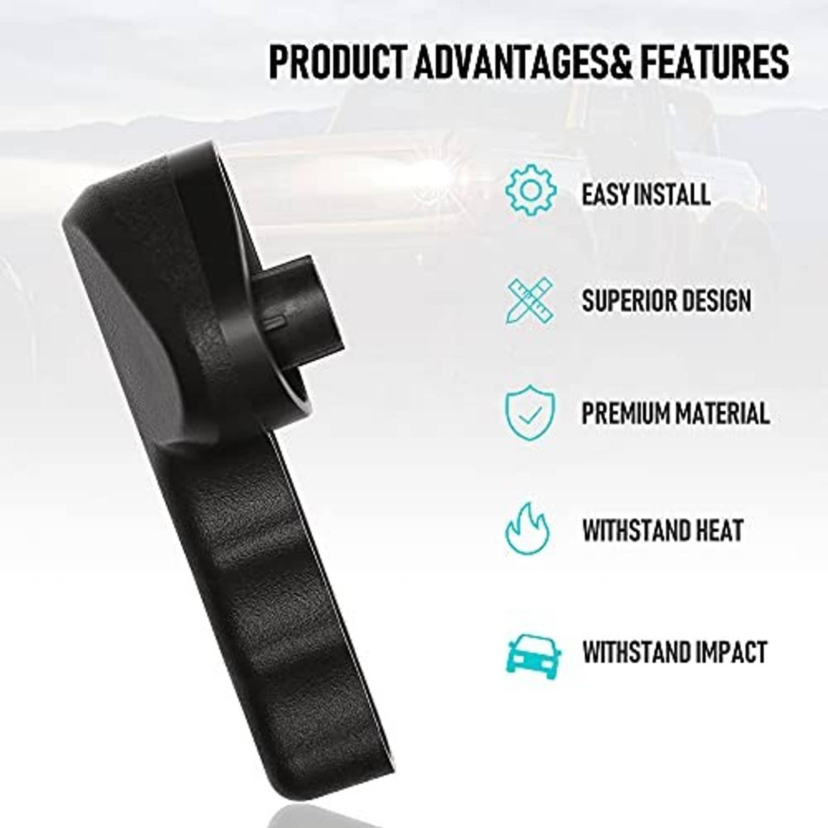 Black seat adjuster handle with textured grip and wide base section
