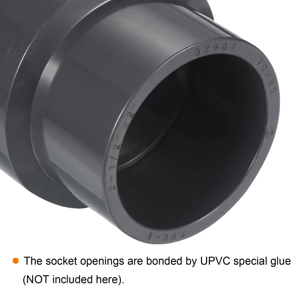 Gray UPVC reducer socket fitting close-up, embossed markings and dark interior
