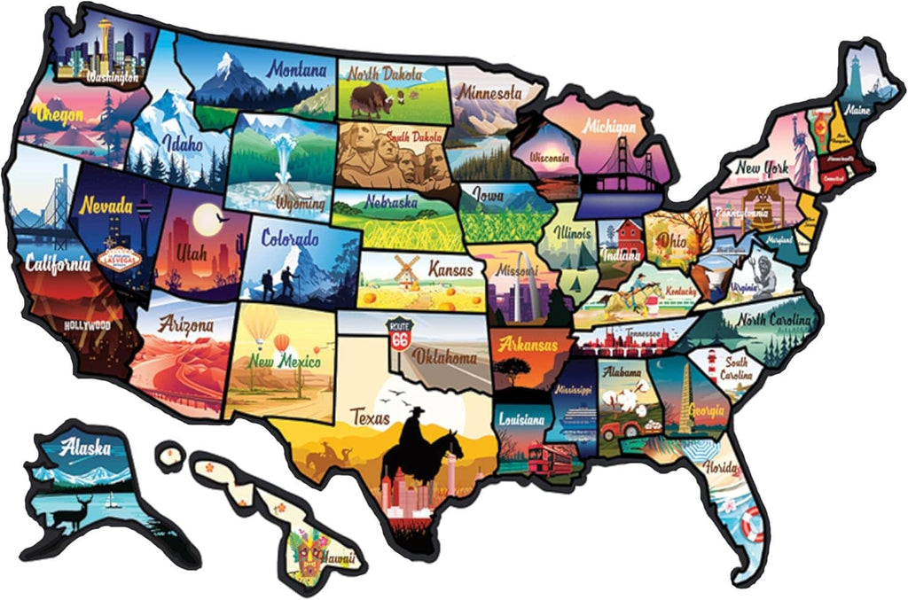 Colorful USA state map sticker set with state art panels and Alaska/HI stickers