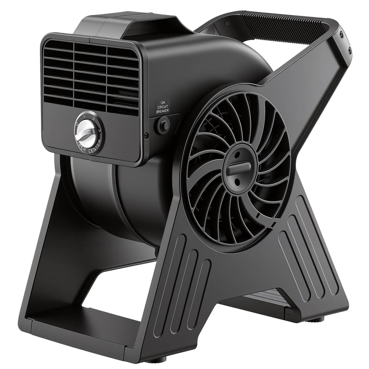 Portable utility fan with black body and front grille, angled stand base