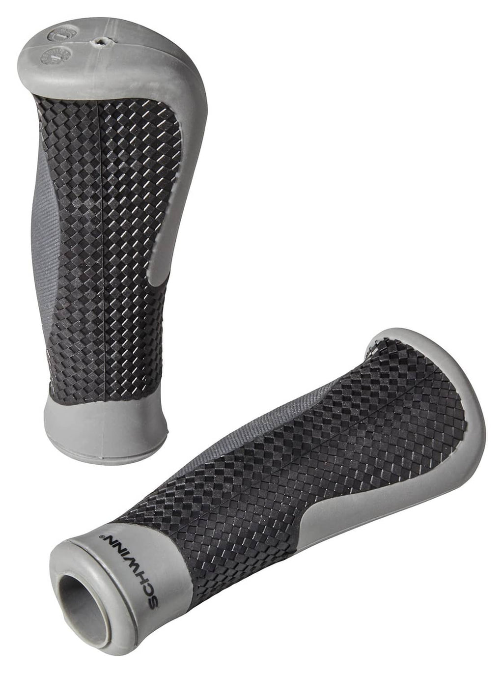 Two ergonomic bike grips in black textured weave with gray cushioning at ends