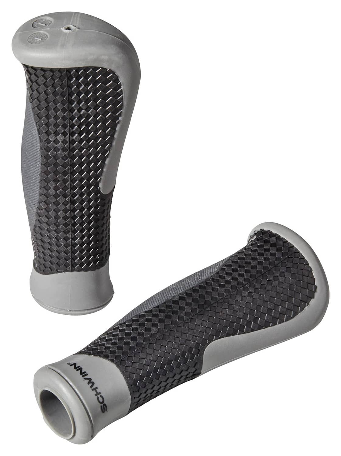 Two ergonomic bike grips in black textured weave with gray cushioning at ends