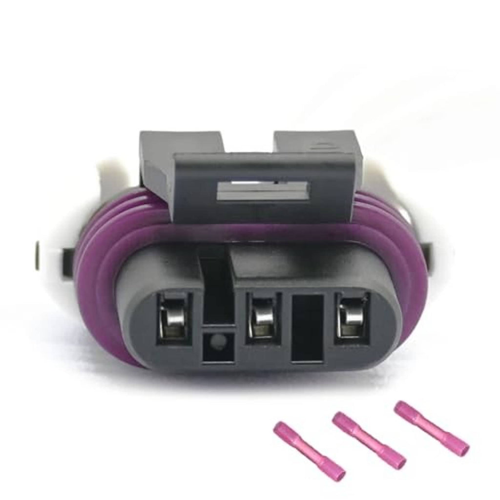 3-pin camshaft sensor connector with purple wire leads and three loose terminal pieces
