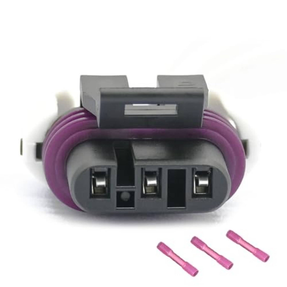 3-pin camshaft sensor connector with purple wire leads and three loose terminal pieces