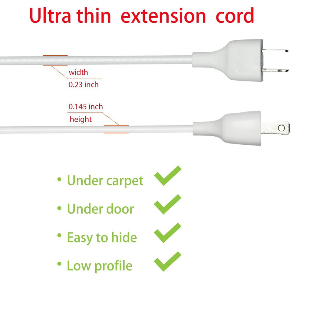 Ultra-thin white extension cord with two-prong plug ends and slim profile.