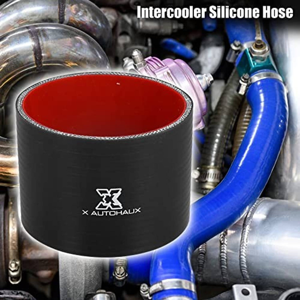 Black silicone reducer hose with red inner lining and logo, shown among engine components
