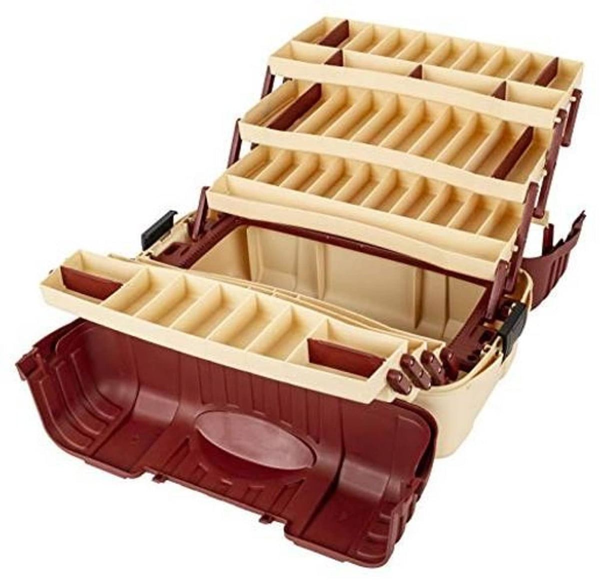 Fishing tackle box open showing beige tray rows with brown outer lid and latching clips