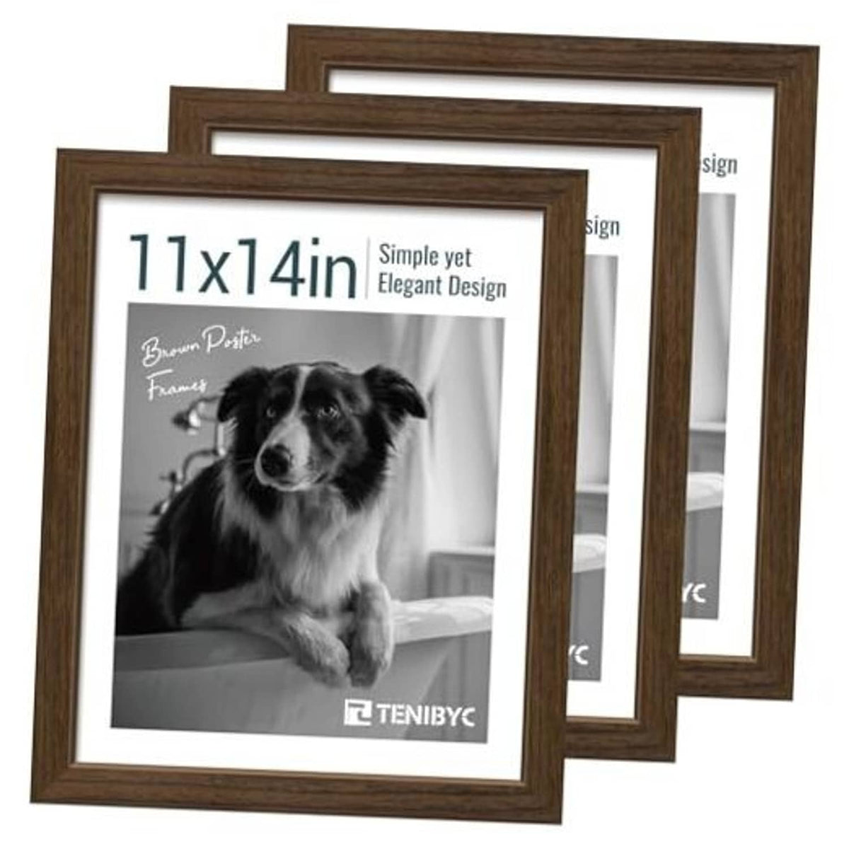 11x14 woodgrain picture frame set: 3 brown frames with clear glass, stacked