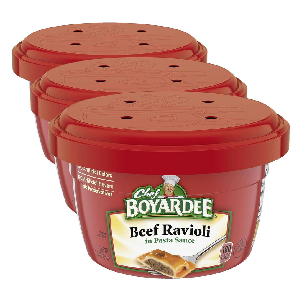 Microwaveable beef ravioli pasta sauce cups with red lids, 3-pack pictured