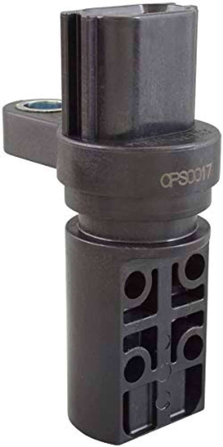 Engine crankshaft position sensor, black connector block and circular mounting flange