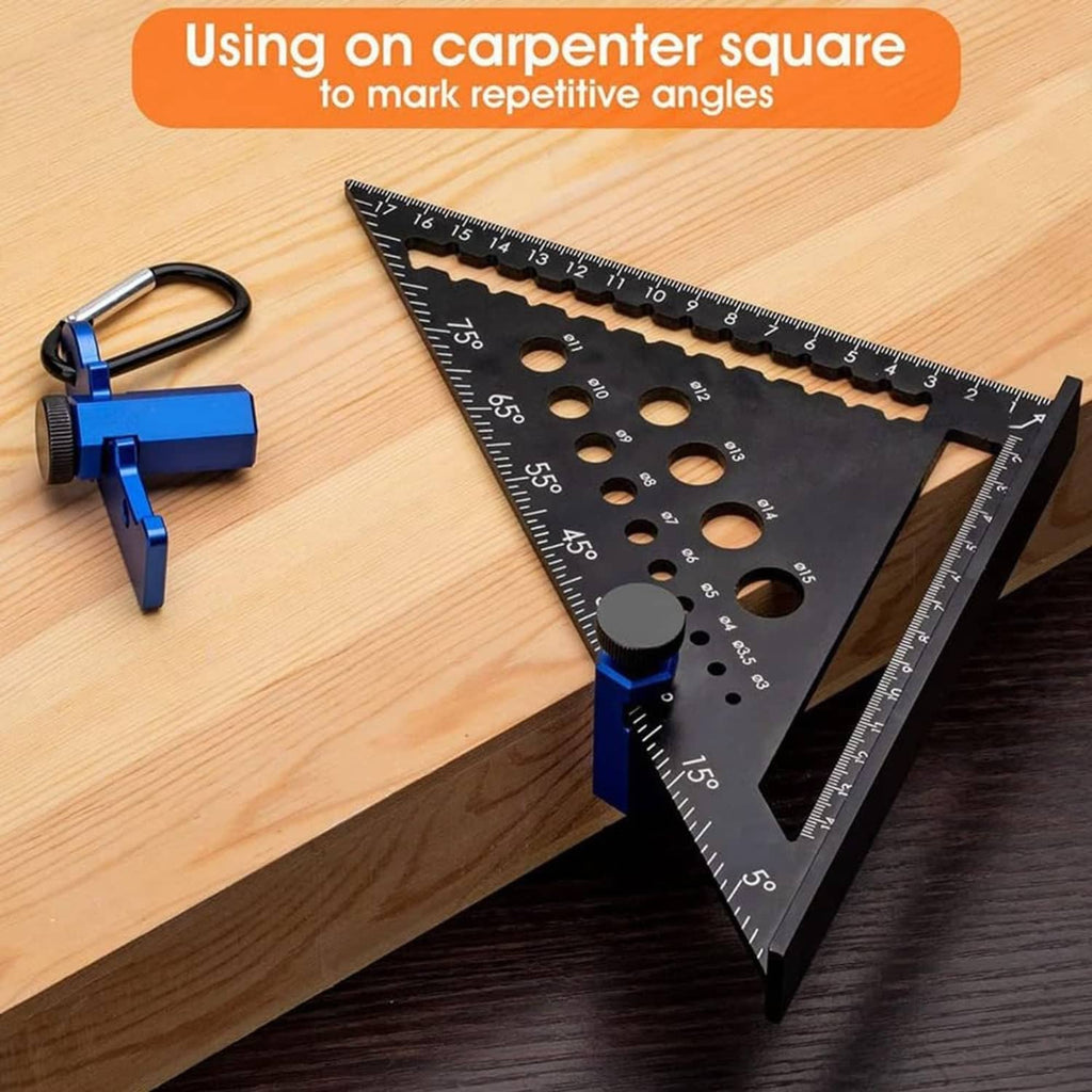 Blue stair gauge clamp on black framing square and measuring tool for angle marking