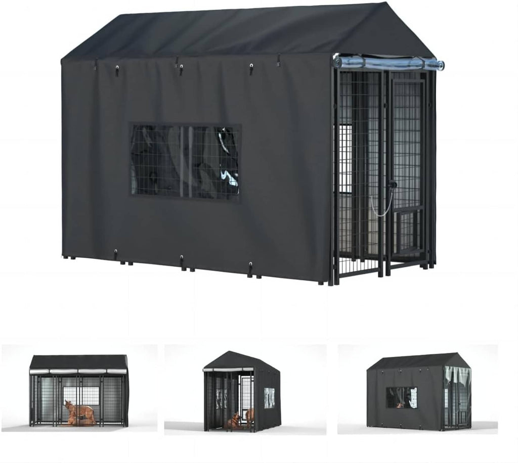 Outdoor dog kennel cover with dark fabric walls, zippered front, and mesh viewing panel
