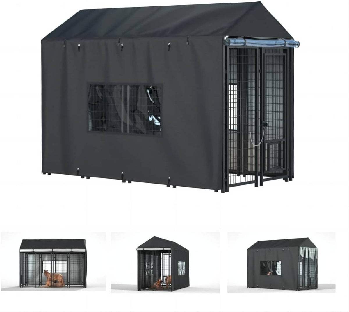 Outdoor dog kennel cover with dark fabric walls, zippered front, and mesh viewing panel