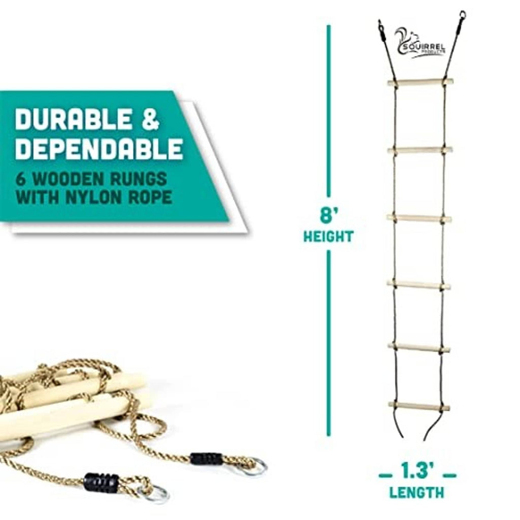 Tall rope ladder with wooden rungs and nylon rope, multiple attachment points