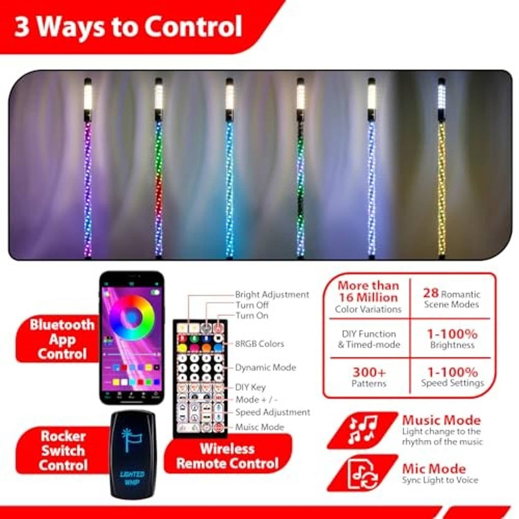 LED whip lights with multiple color modes shown, Bluetooth app and remote icons