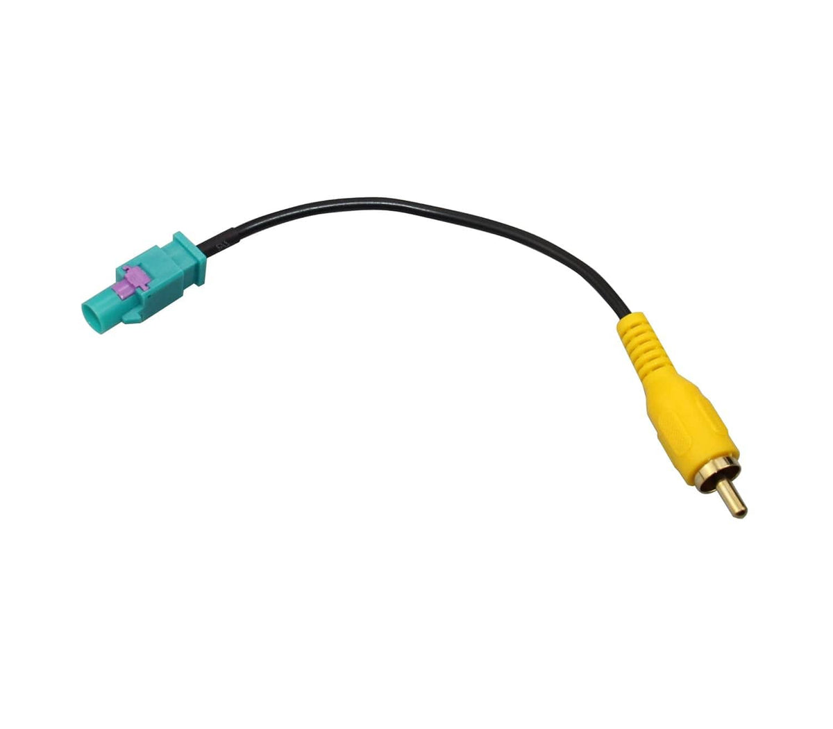 Antenna adapter cable with yellow RCA male output and teal Fakra male input connector