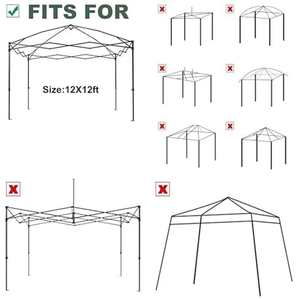 Khaki canopy top shown fitted to a 12x12 ft frame diagram