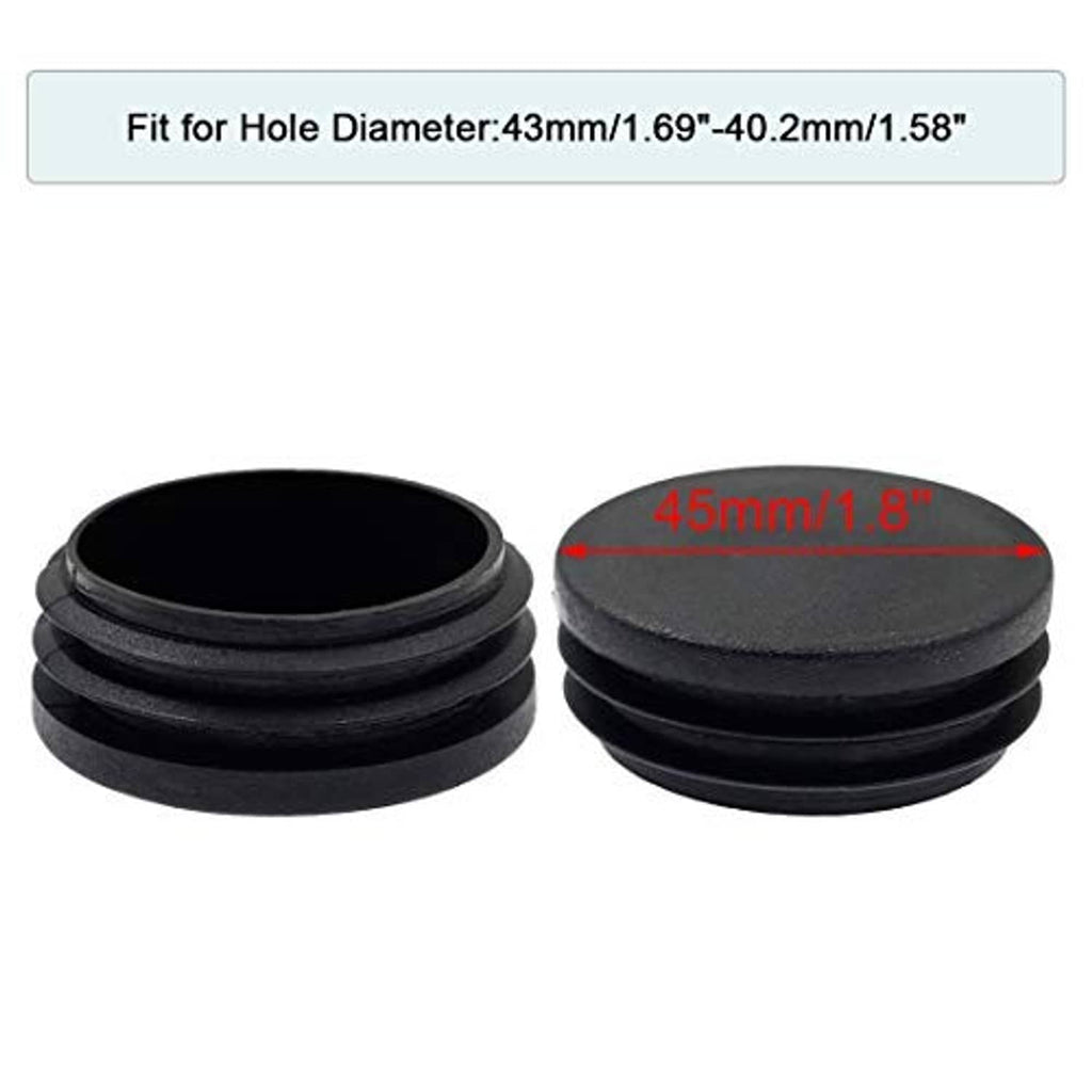 Black round plastic plugs, two views showing 45mm flat top and stacked edges