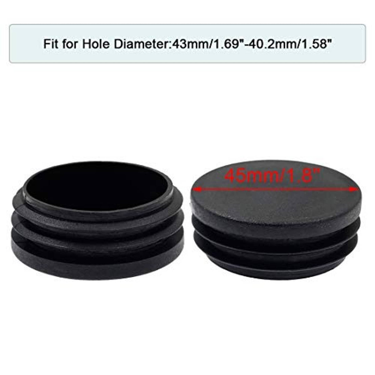Black round plastic plugs, two views showing 45mm flat top and stacked edges