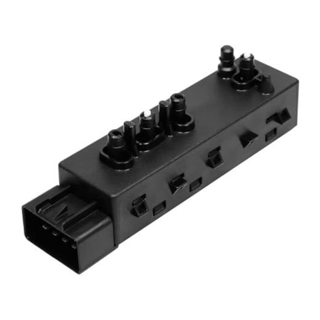 Black power seat switch module with raised terminals and side connector ports
