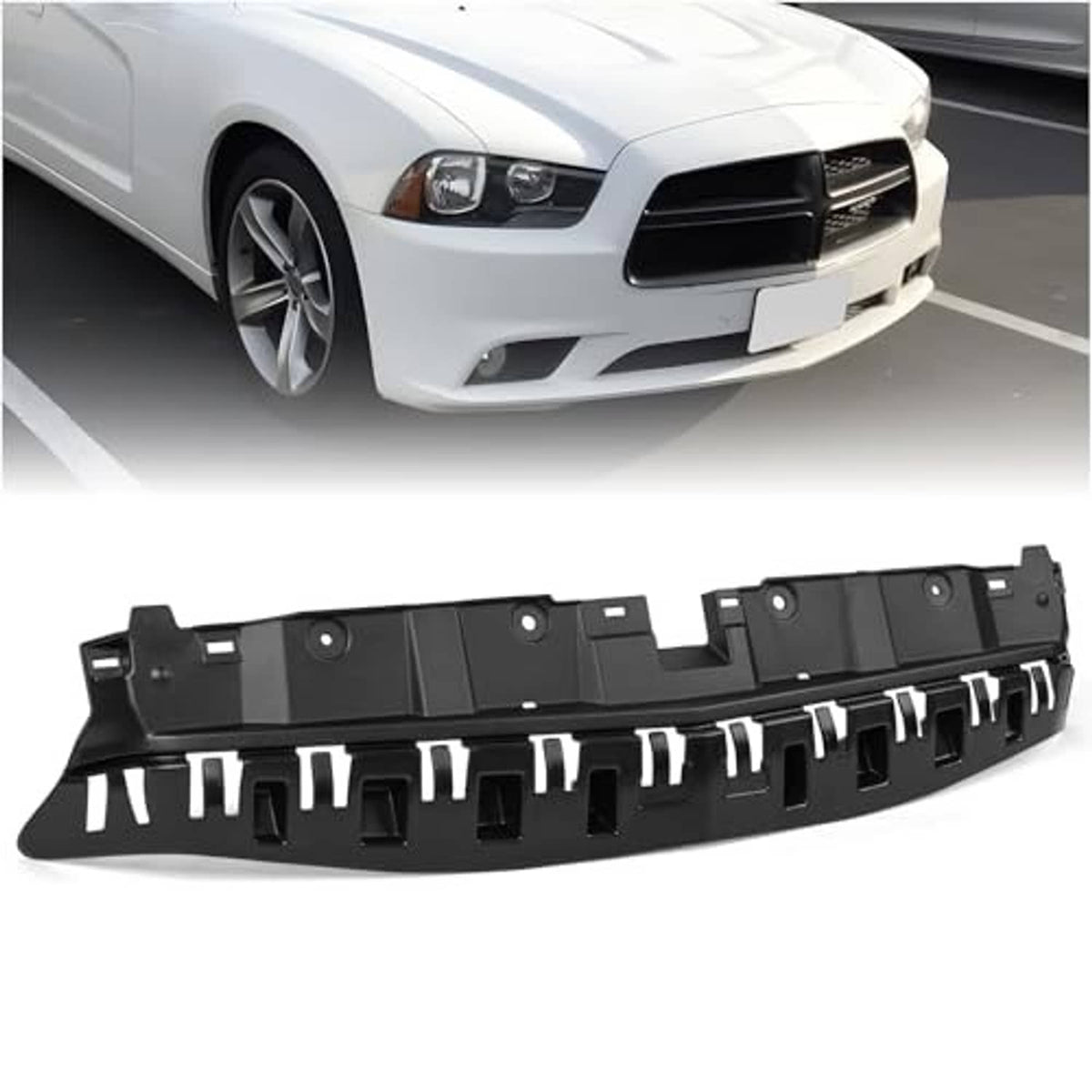 Black radiator support cover front piece with evenly spaced mounting clips