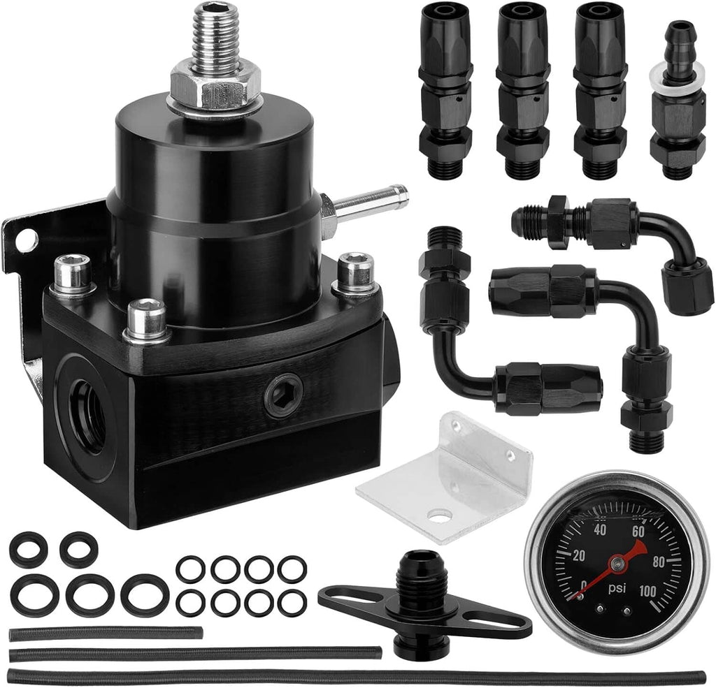Black fuel pressure regulator with gauge port and included AN fuel line fittings