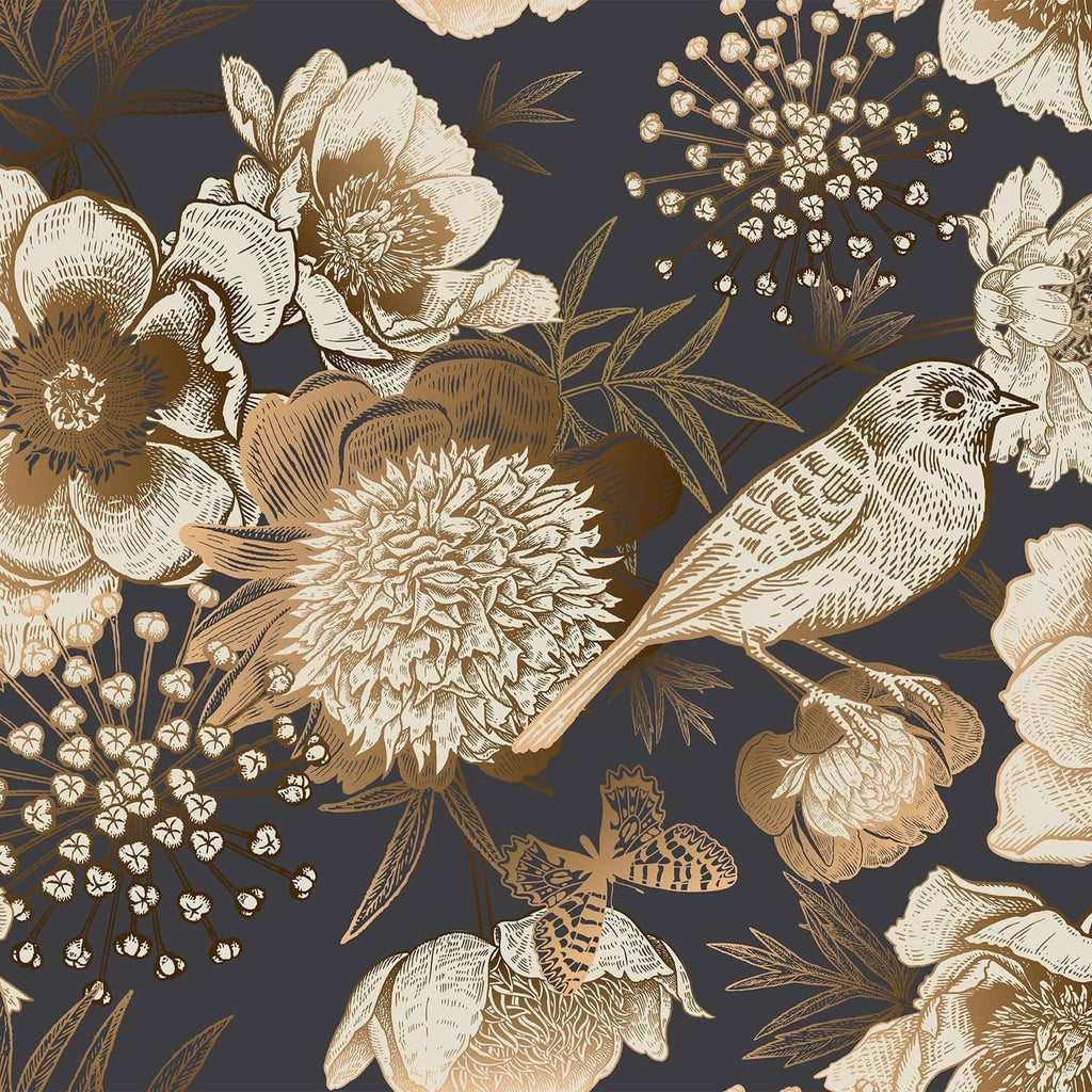 Black and gold floral bird peel-and-stick wallpaper with large blossoms