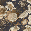 Black and gold floral bird peel-and-stick wallpaper with large blossoms
