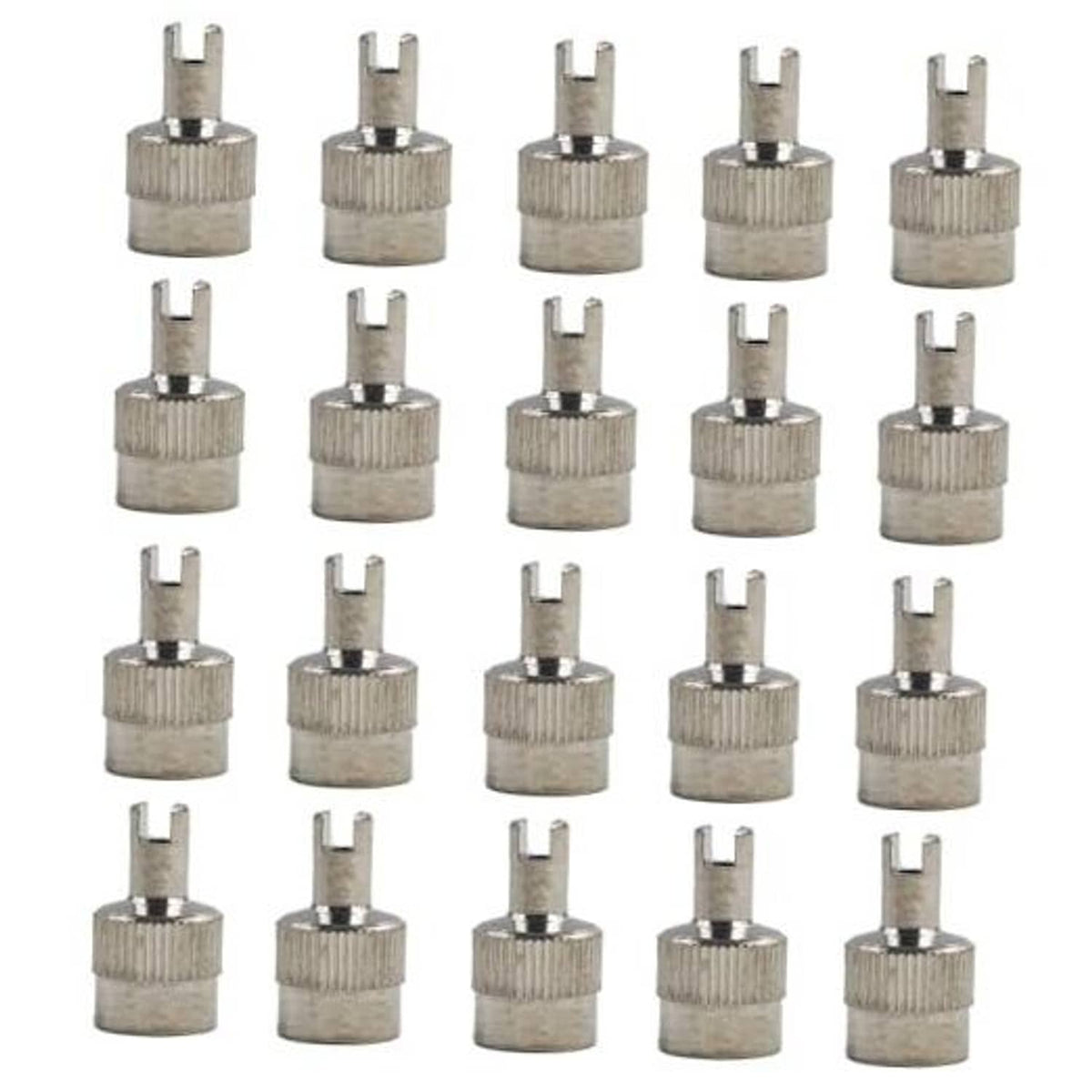 Set of 20 silver metal tire valve stem caps with slotted top and forked insert