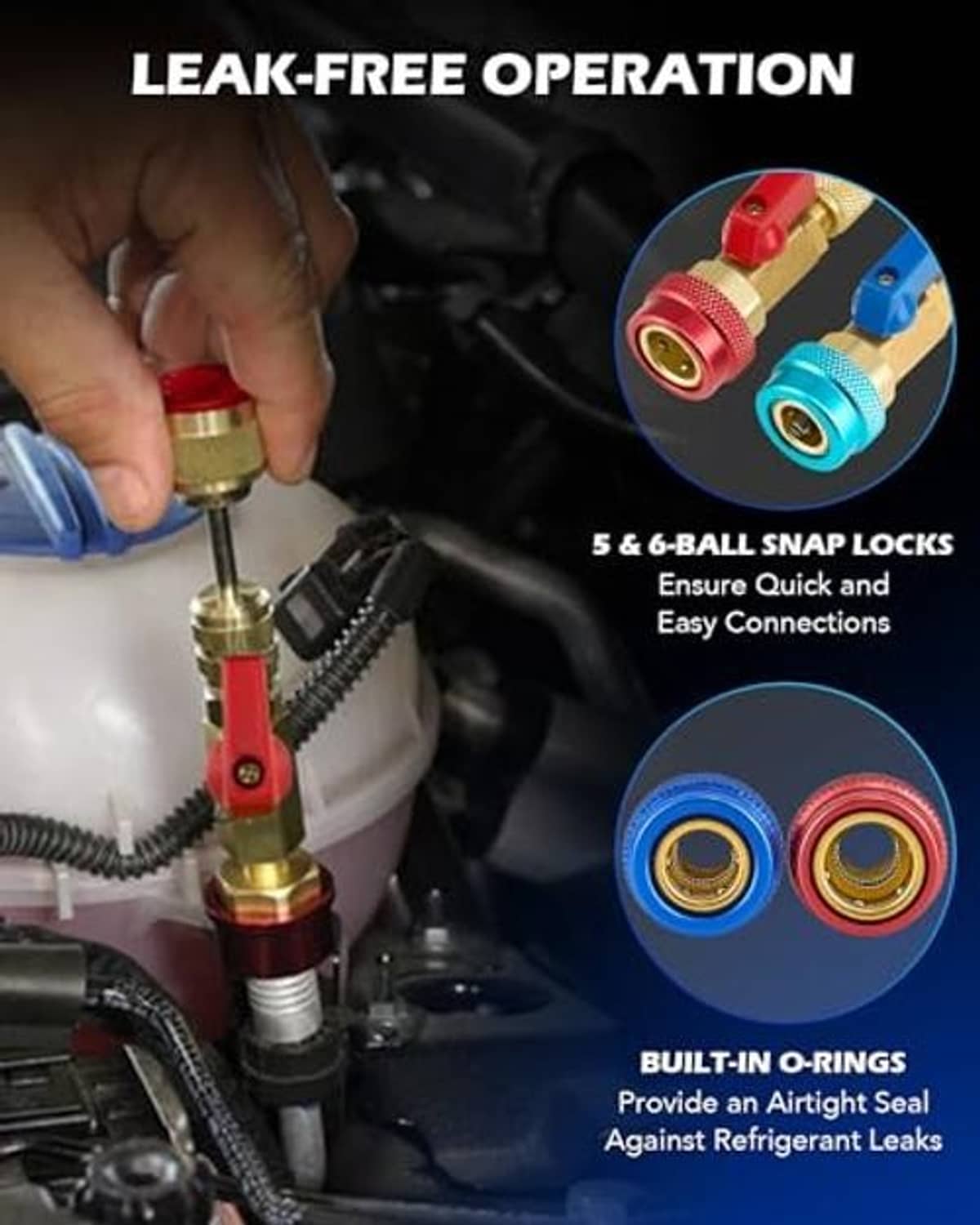 Refrigerant line couplers with red and blue snap connectors and built-in O-ring seals