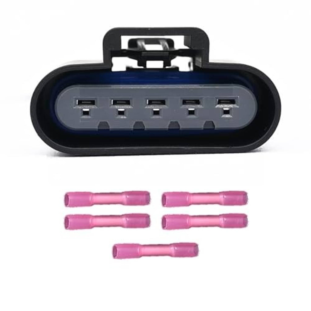 5-pin car electrical connector with pink terminal wires, black housing and blue insert